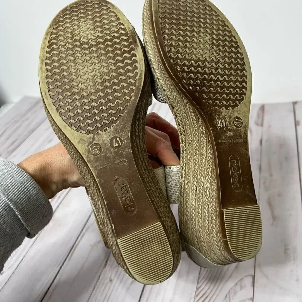 Rieker Women's Fanni Light Gold Metallic Sling Back Mid Height Wedge Sandals Siz